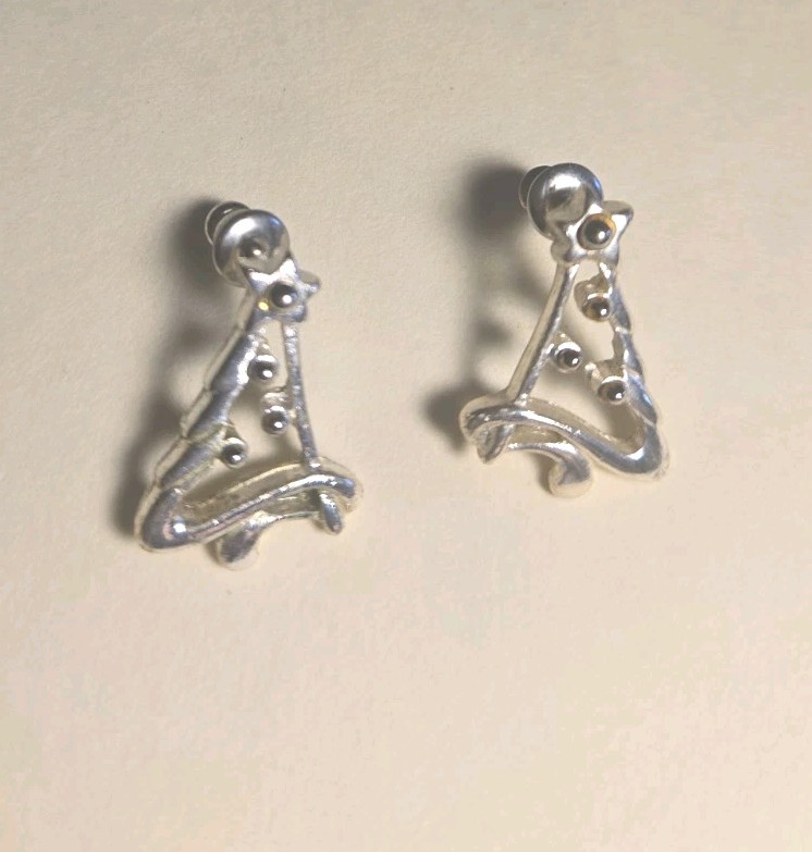 Cute Silver Tone Christmas Tree Earrings