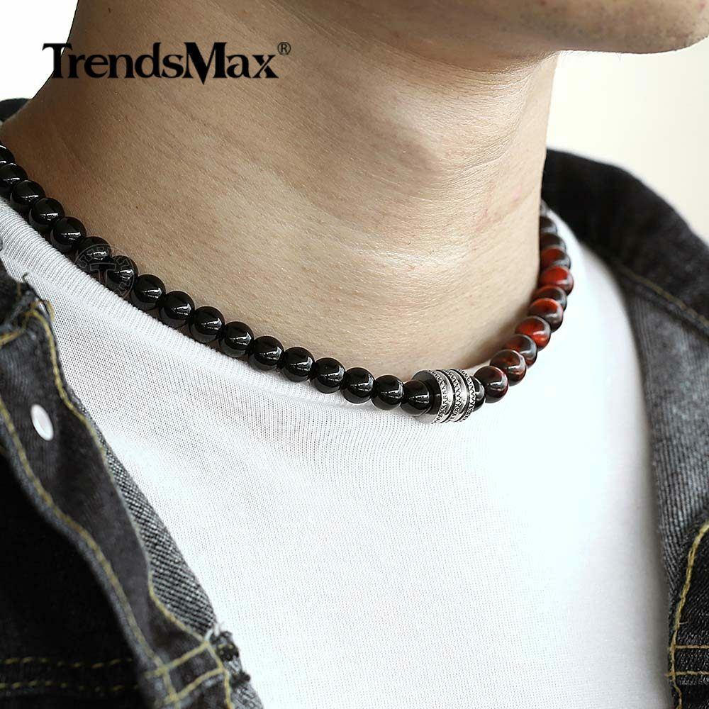 Natural Tiger Eyes Jasper Beaded Necklace for Unisex Stainless Steel Charm Xmas