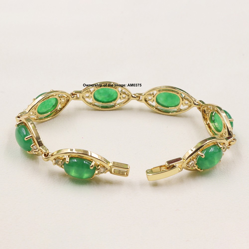 18K Gold Plated Alloy Heated Green Jade Oval Gemstone Bracelet Gift 6.88INCH