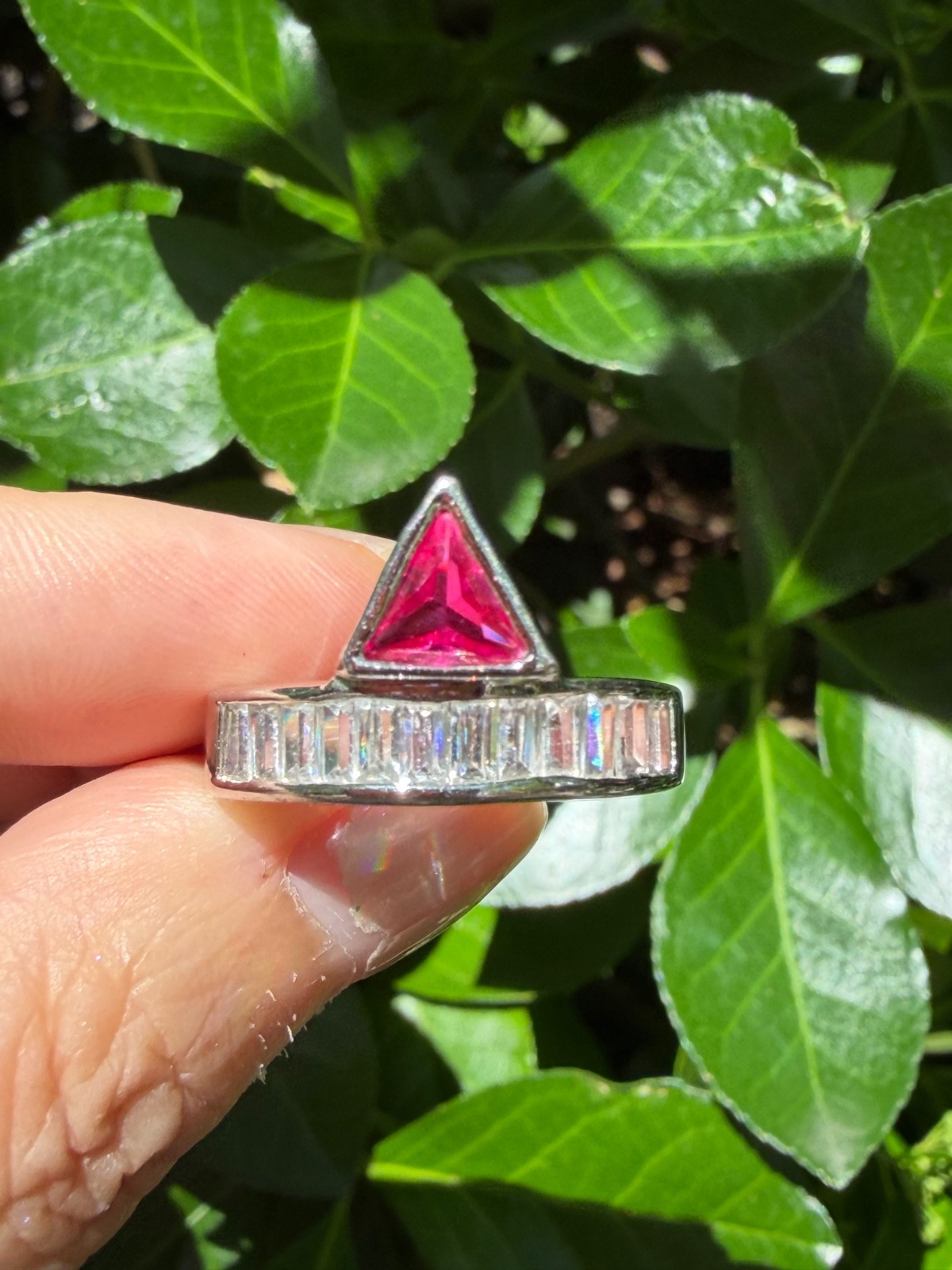 SYNTHETIC RUBY / PINK SAPPHIRE BAGUETTE RHINESTONES GEOMETRIC RING SILVER TONE