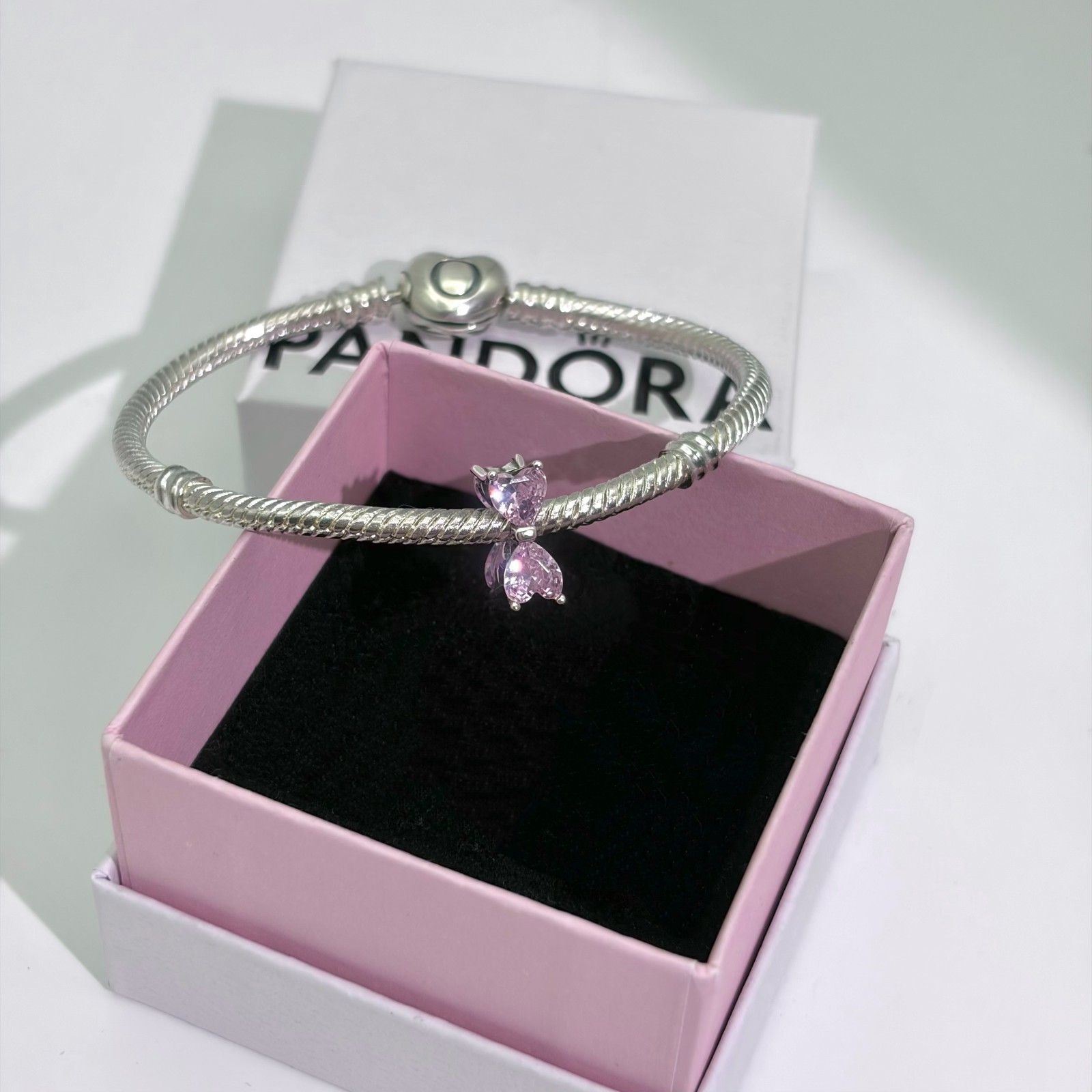 100% NEW #794253C01 PANDORA Heart Shaped Crystal Pink Bow Charm WITH BOX
