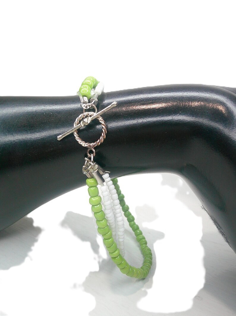 Green White Bracelet Handmade MultiStrand Ceramic Beaded Colorful 9 in Plus Size