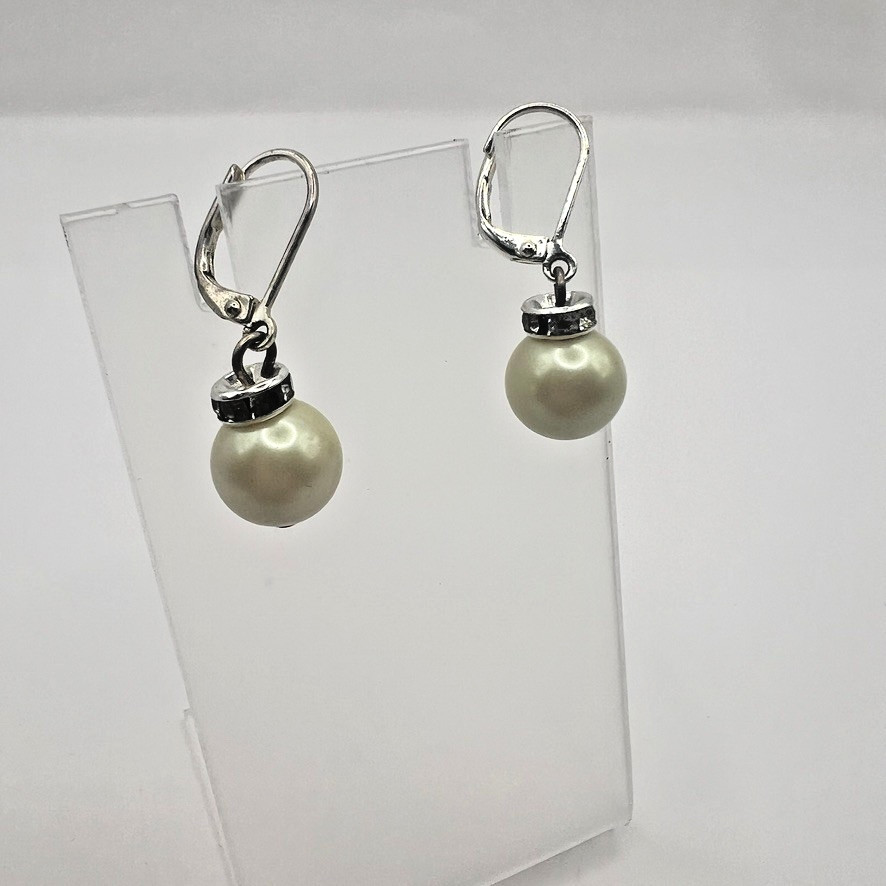 Elegant Pearl Drop Leverback Earrings Rhinestone Rondelles Accents Silver Bridal