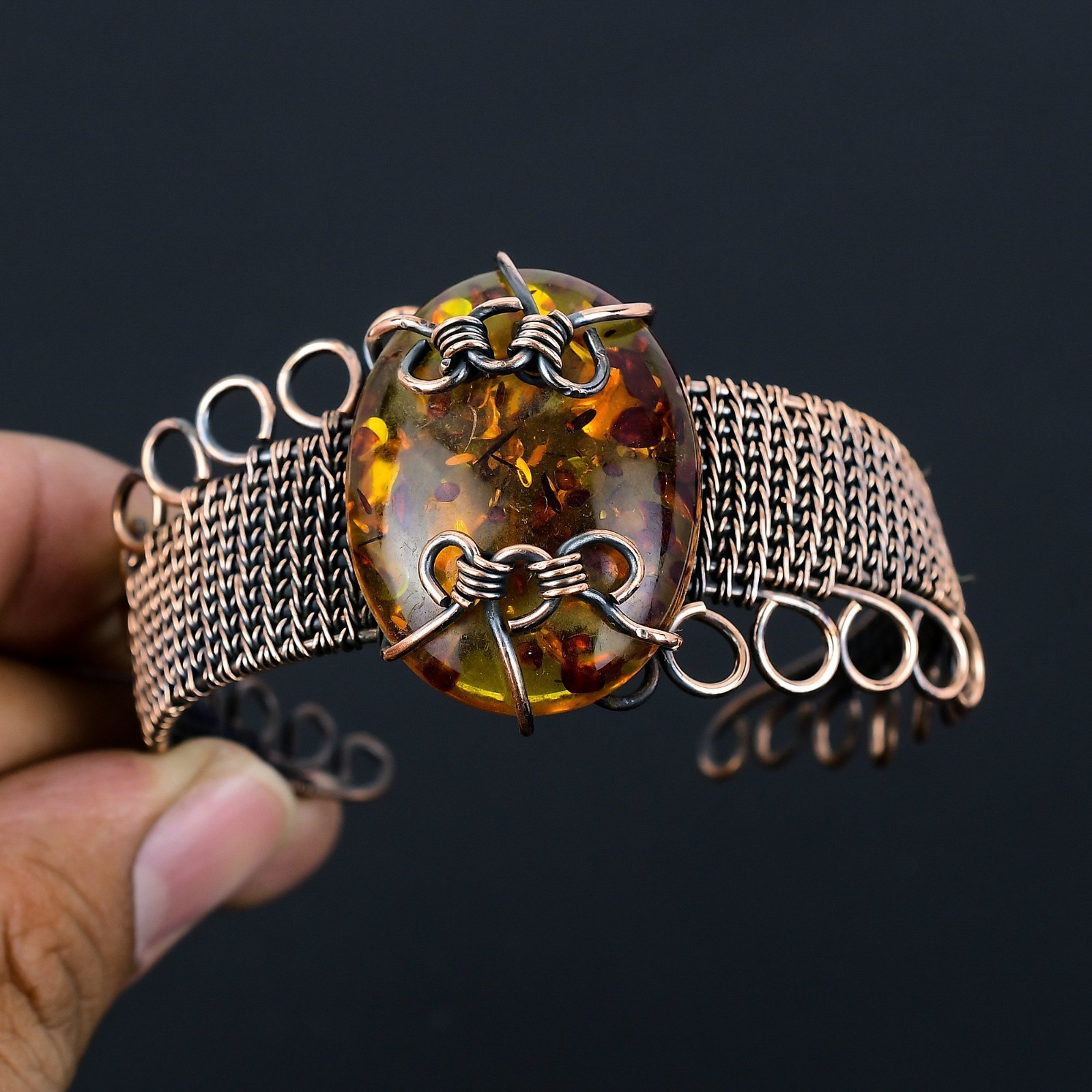 Baltic Amber Handmade Gemstones Copper Wire Wrapped Adjustable Bangle Jewelry