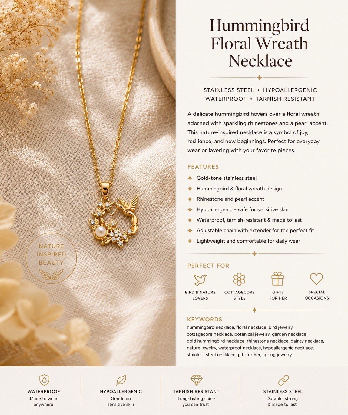 Gold Hummingbird Floral Wreath Necklace Stainless Steel Hypoallergenic Waterproo