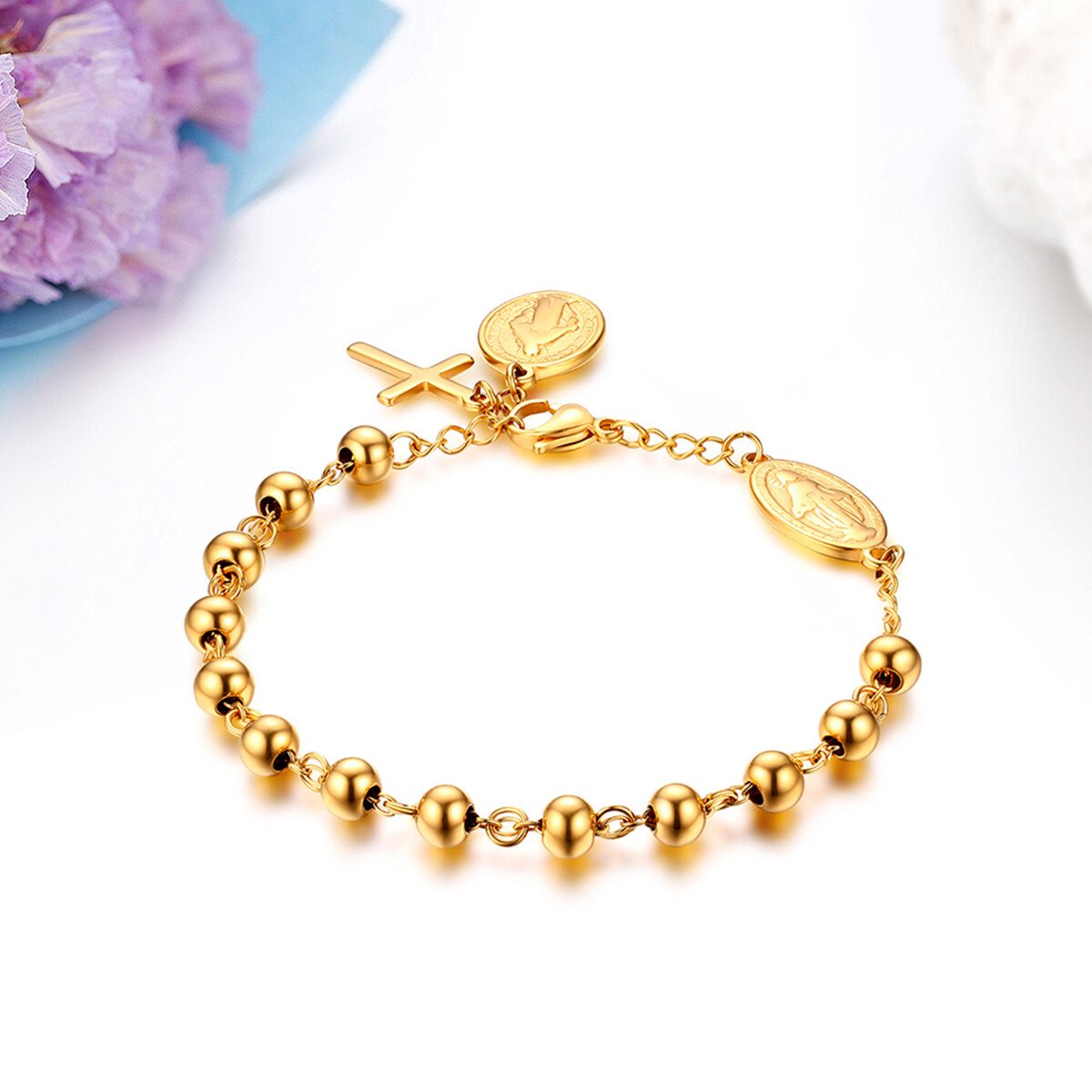 Women Men Unisex Stainless Steel Virgin Mary Cross Pendant Beaded Chain Bracelet