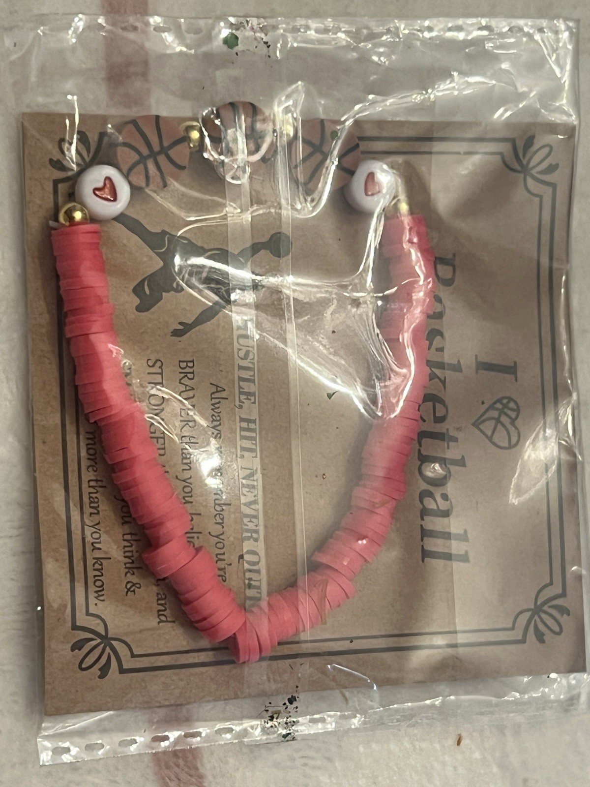 Pink White Gold Plastic Beaded Bracelet Heart Beads Love Sports Theme