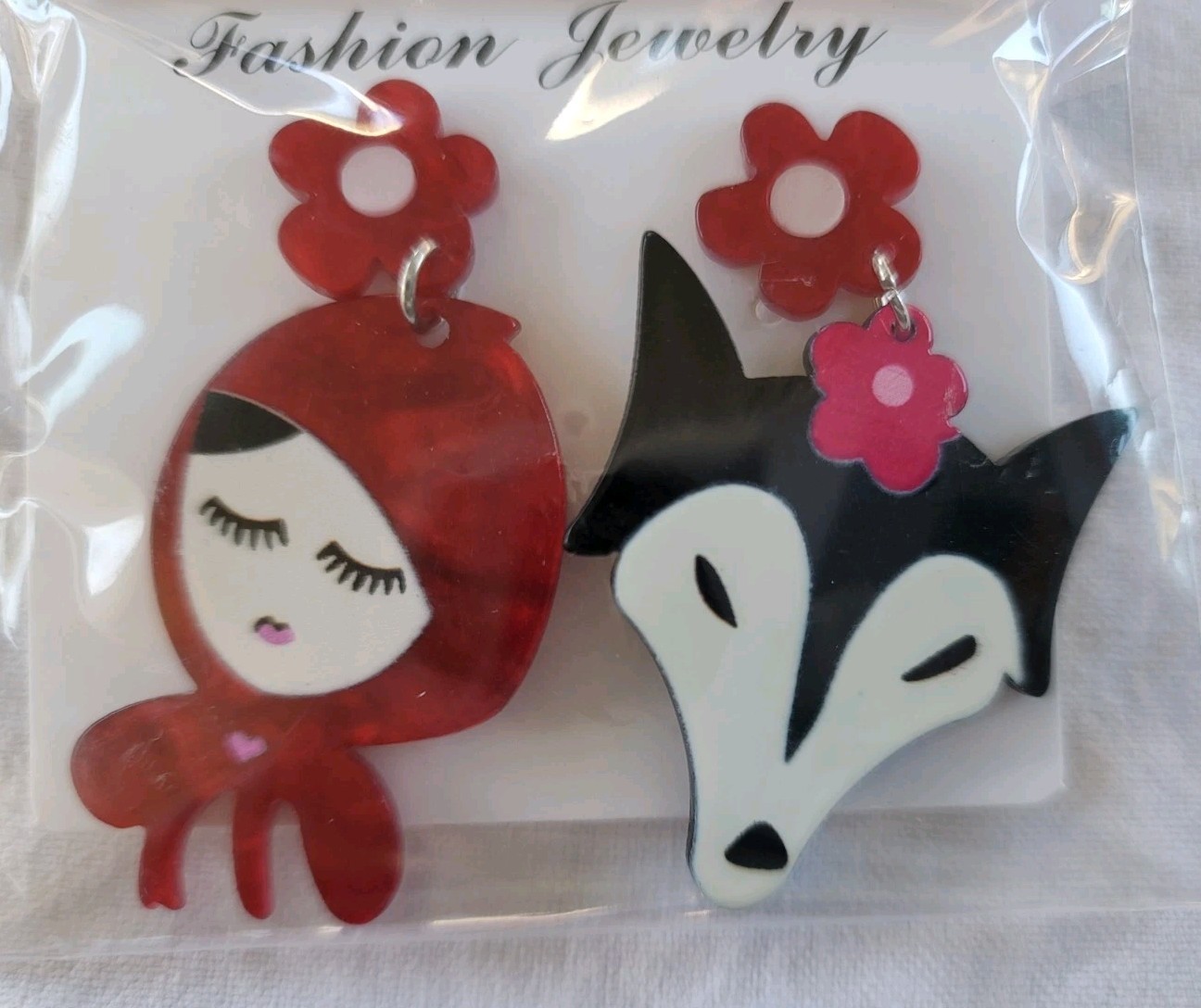 ASYMMETRICAL LITTLE RED RIDING HOOD BIG BAD WOLF FAIRYTALE ACRYLIC EARRINGS