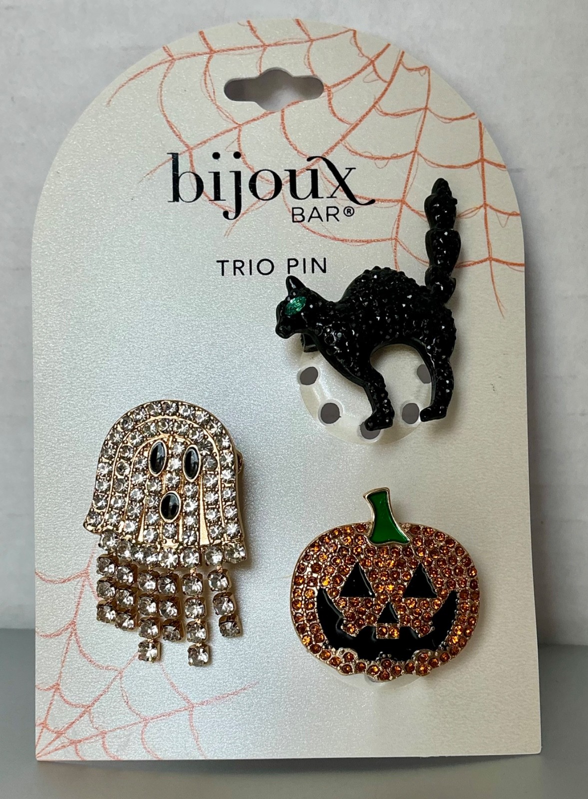 Halloween Rhinestone Pin Trio Black Cat Pumpkin Ghost Bijoux Bar NEW ON CARD