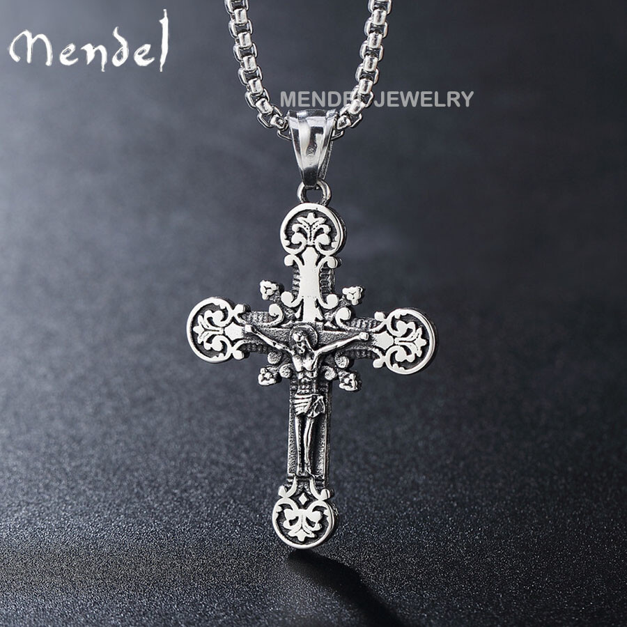 MENDEL Mens Stainless Steel Jesus Christ Crucifix Cross Pendant Necklace For Men