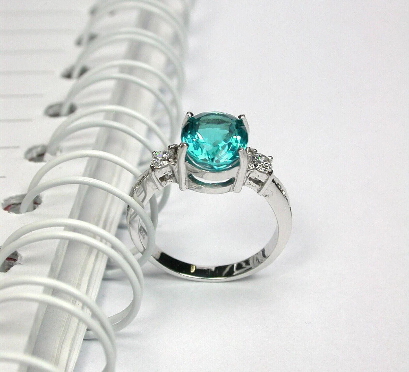 NATURAL 3.4 BLUE PARAIBA TOURMALINE HANDMADE OVAL CUT SIDE ZIRCON RING SIZE 7.25