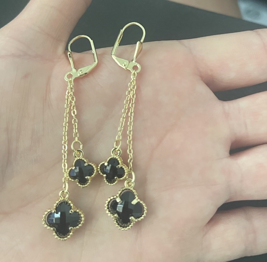 Gold Tone Black Flower Clover Dangle Drop Hook Earrings Metal No Stone