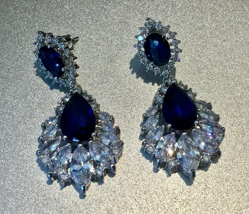 18k Platinum Plated Earrings Made Simulated Diamond Blue Marquise Stone