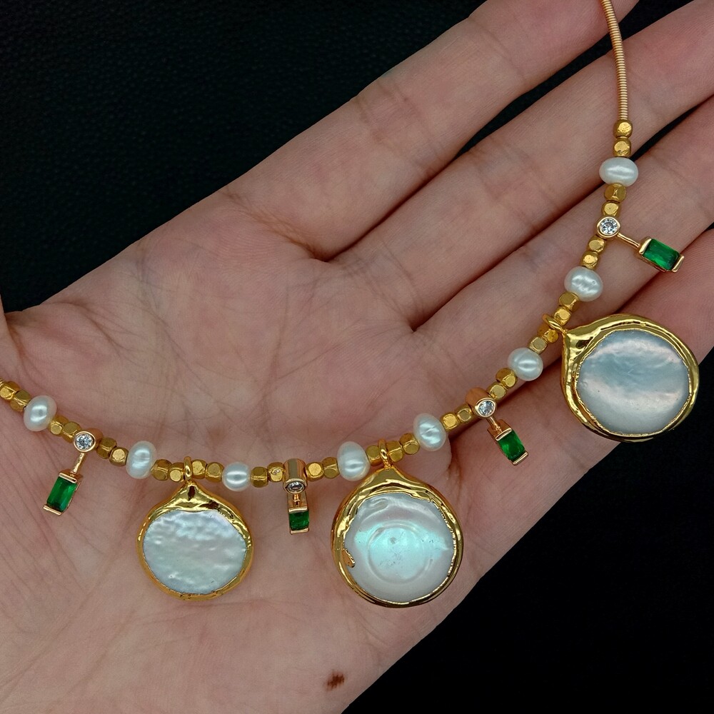 Cultured White Coin Pearl Potato Pearl Cz Pave Choker Charm Necklace 15″