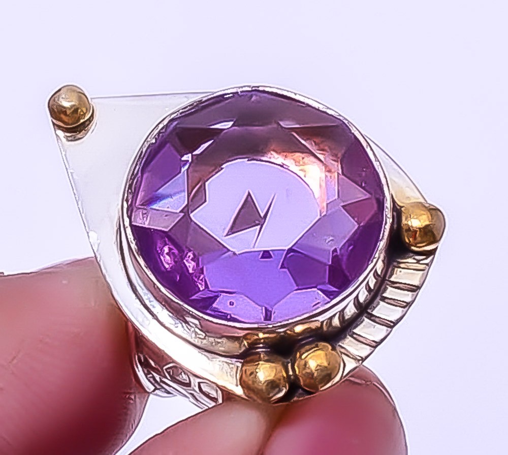 Amethyst- 925 Sterling Silver Two Tone Gold Plated Ring s.7 A38