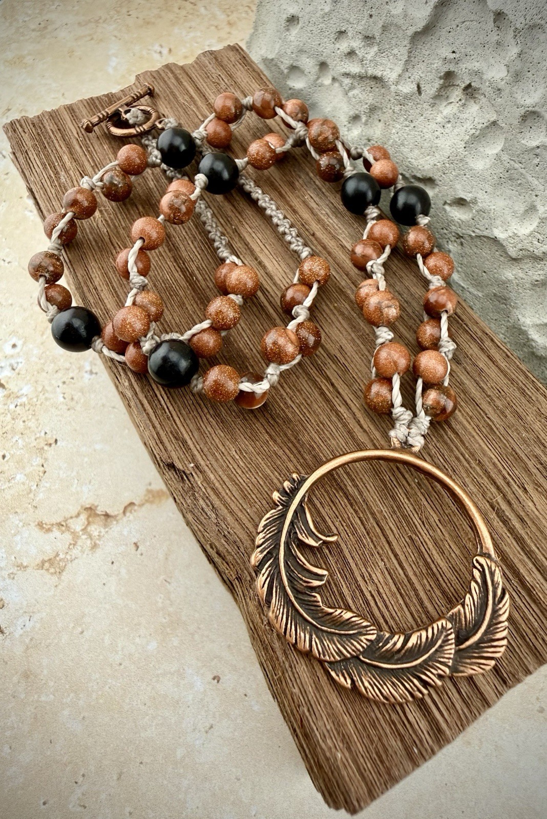 Copper Feather Pendant Necklace, Red Goldstone Crystal Ebony Wood. USA Artisan