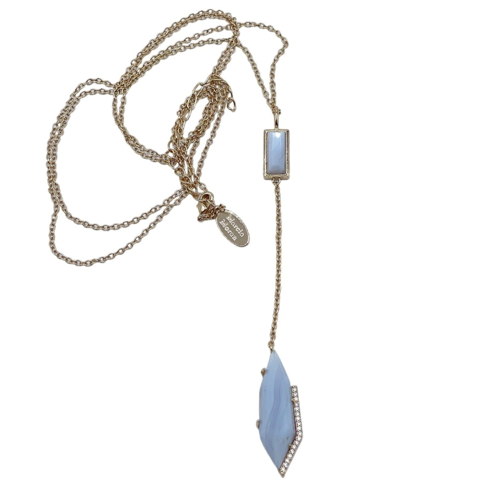 Marcia Moran Blue Lace Agate Pave CZ Zagora Lariat 18K Gold Plated Necklace 21″