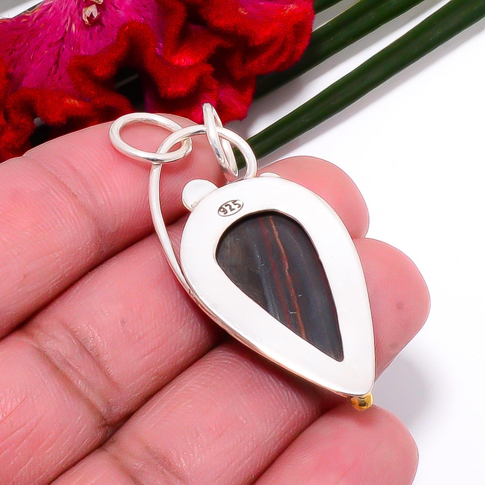 Iron Tiger Eye 925 Sterling Silver Two Tone Pendant 1.95″ Sk5, Christmas Gift