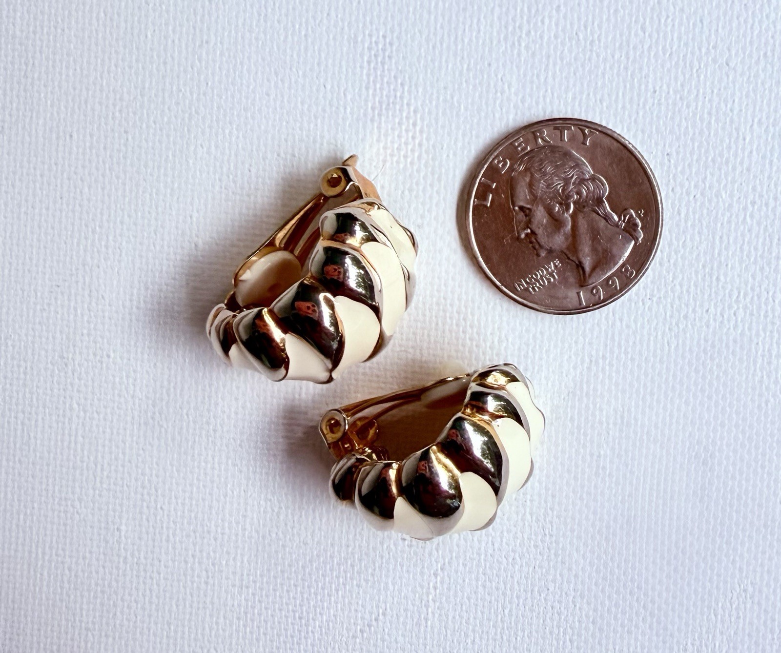 Vintage Gold Tone Enamel Earrings Lot 2 Pairs Pierced & Clip On Ivory Black