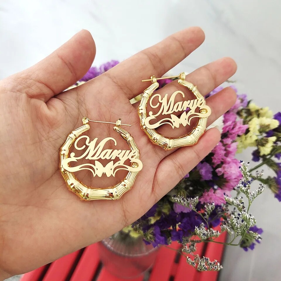 Personalized Underline Butterfly Hoop Any Name Earrings Stainless Steel Jewelry