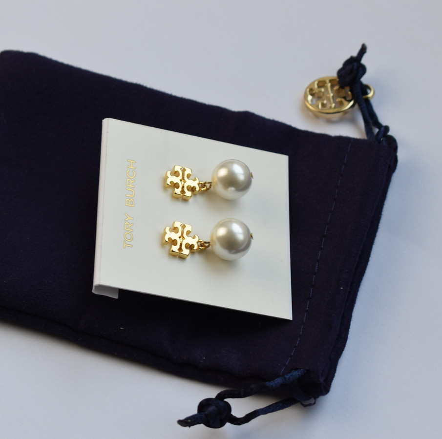 Tory Burch TB logo White Pearl Drop Earrings Gold with dust bag