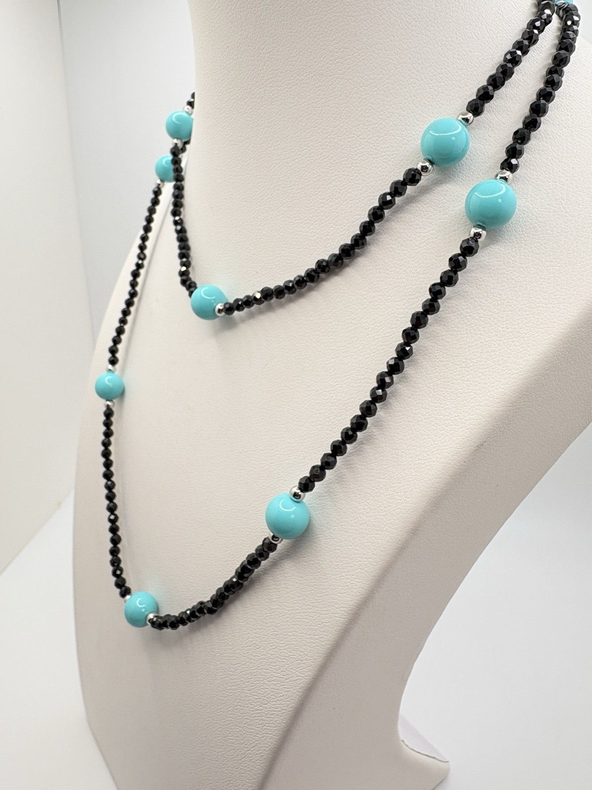 Sleeping Beauty Shell Pearl Black Spinel Endless Beaded Necklace 77.00 ctw 30”
