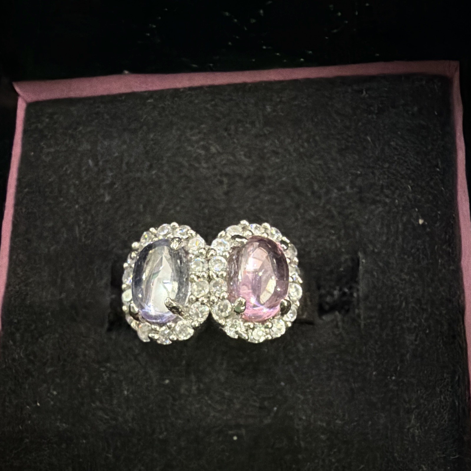 Silver Metal Cocktail Ring Double Oval Pink Purple lab Stones Halo Rhinestone