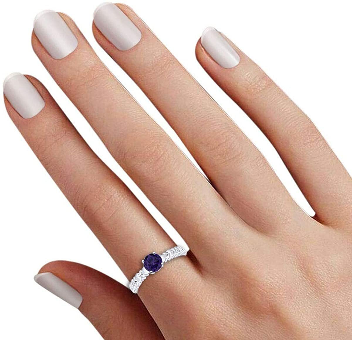 Simulated Alexandrite Heart Carving Promise Ring 14k White Gold Plated Sterling