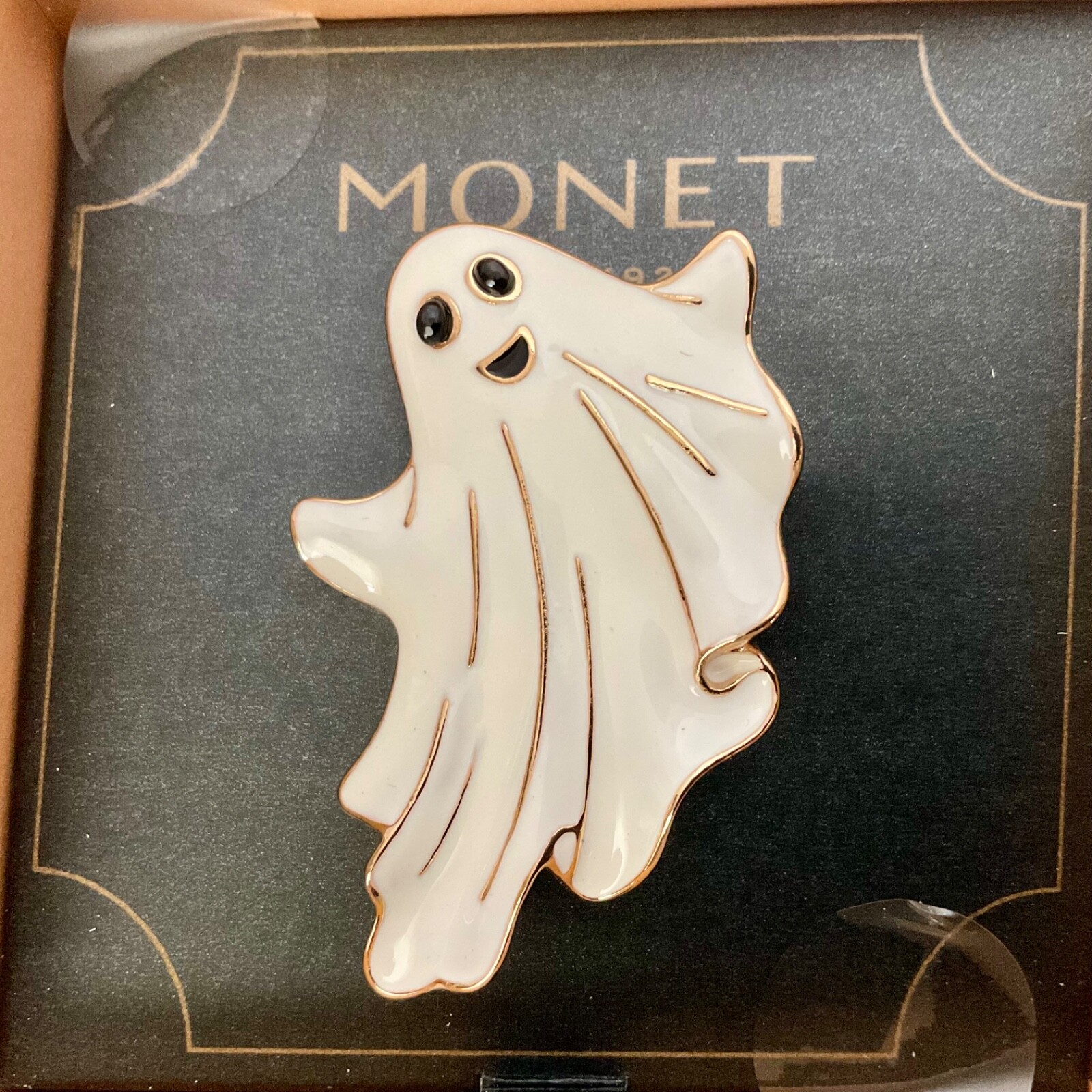 Monet Signed Halloween Ghost Pin Gold Tone & White Enamel Spooky NEW