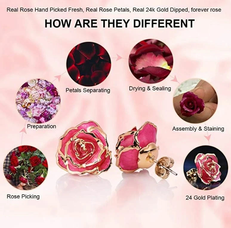 Pink 24K Gold Dipped Real Forever Rose Stud Earrings