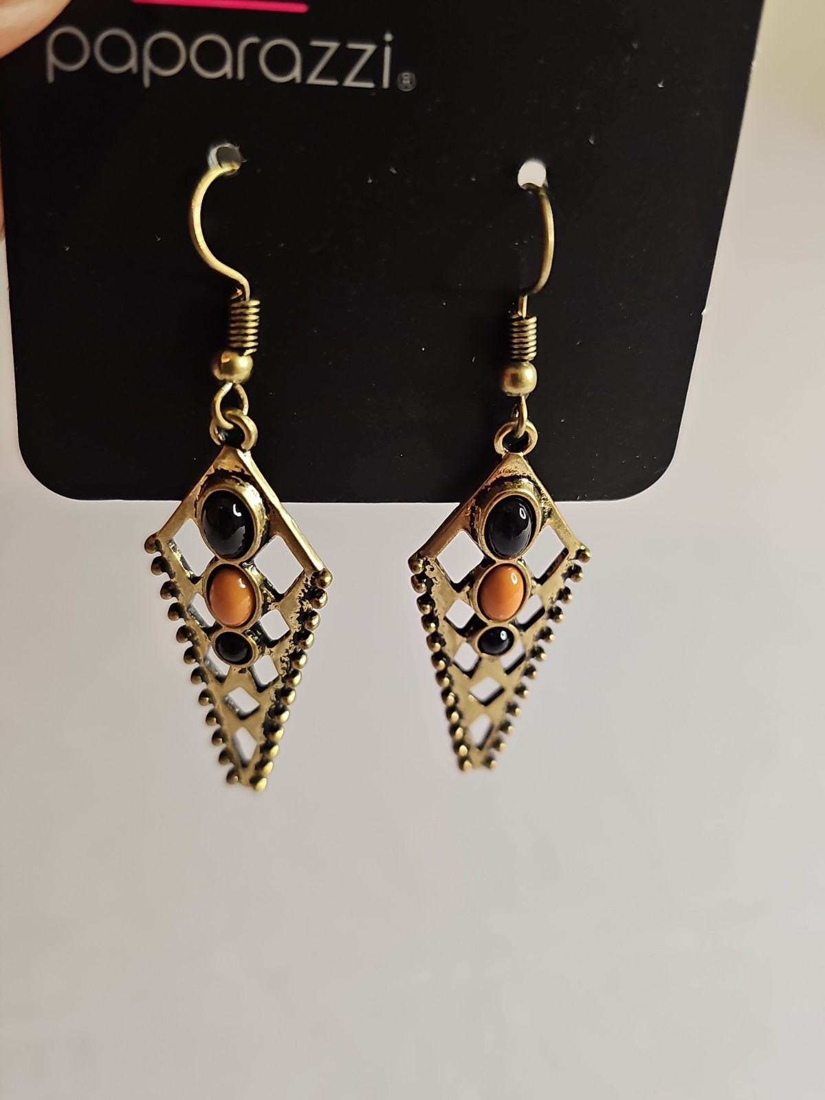 Paparazzi Bronze Geometric Dangle Earrings Black & Amber Accent