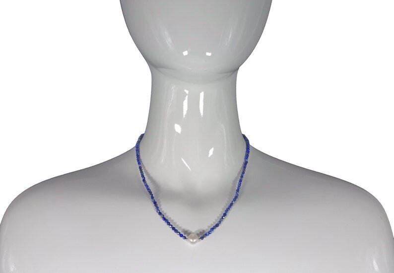 Pearl & Lapis Lazuli Faceted Round Gemstone Beads Handmade Necklaces 24” Women