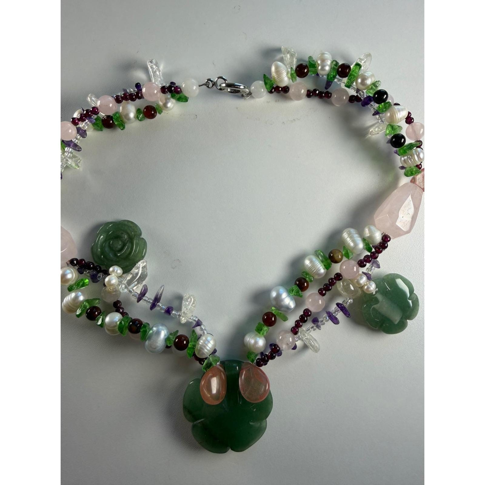 Green Aventurine Carved Rose Gemstone Pearl Multi-Strand Statement Necklace Boho