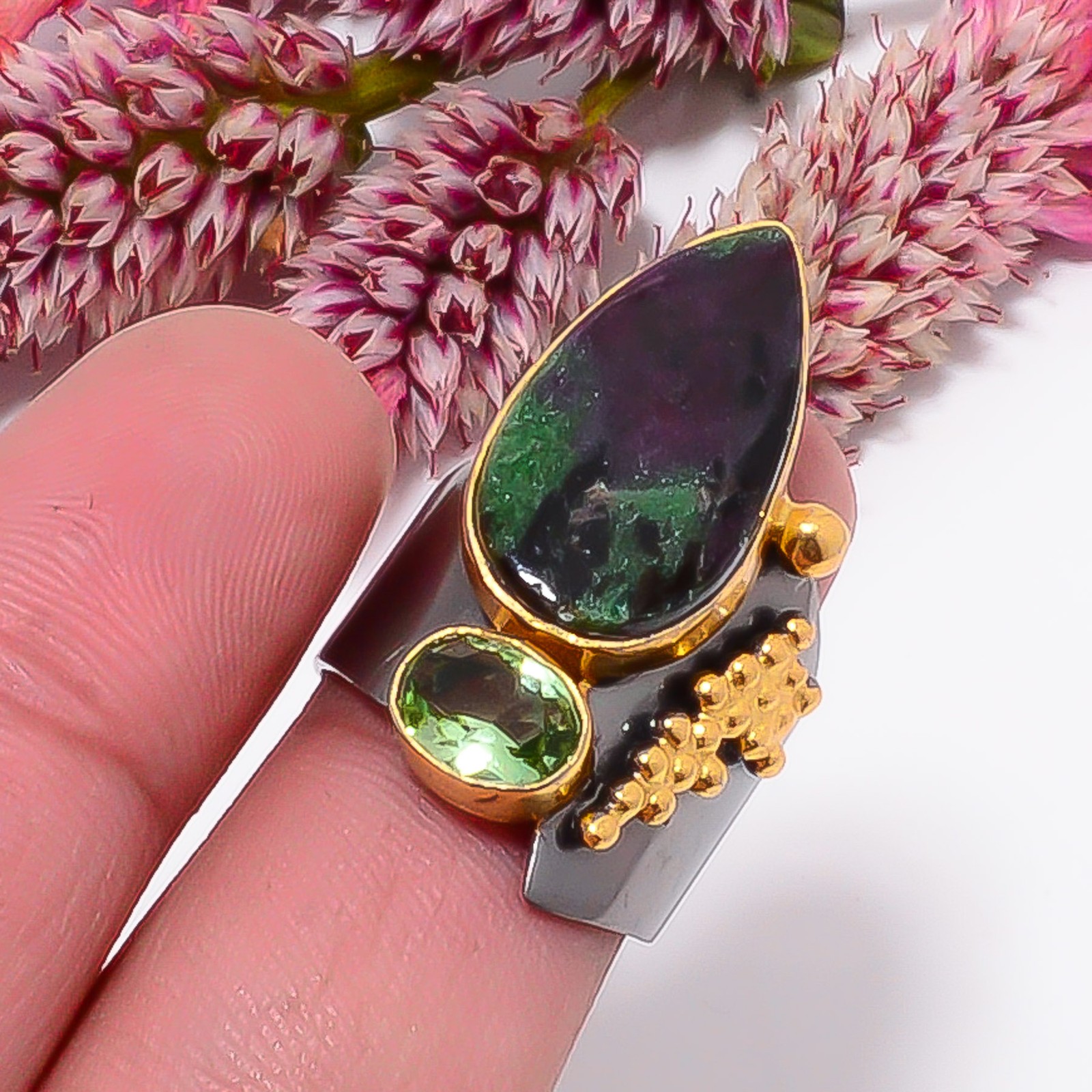 Natural Ruby With Zoisite, Green Amethyst 925 Sterling Silver Ring s.7 Sku13