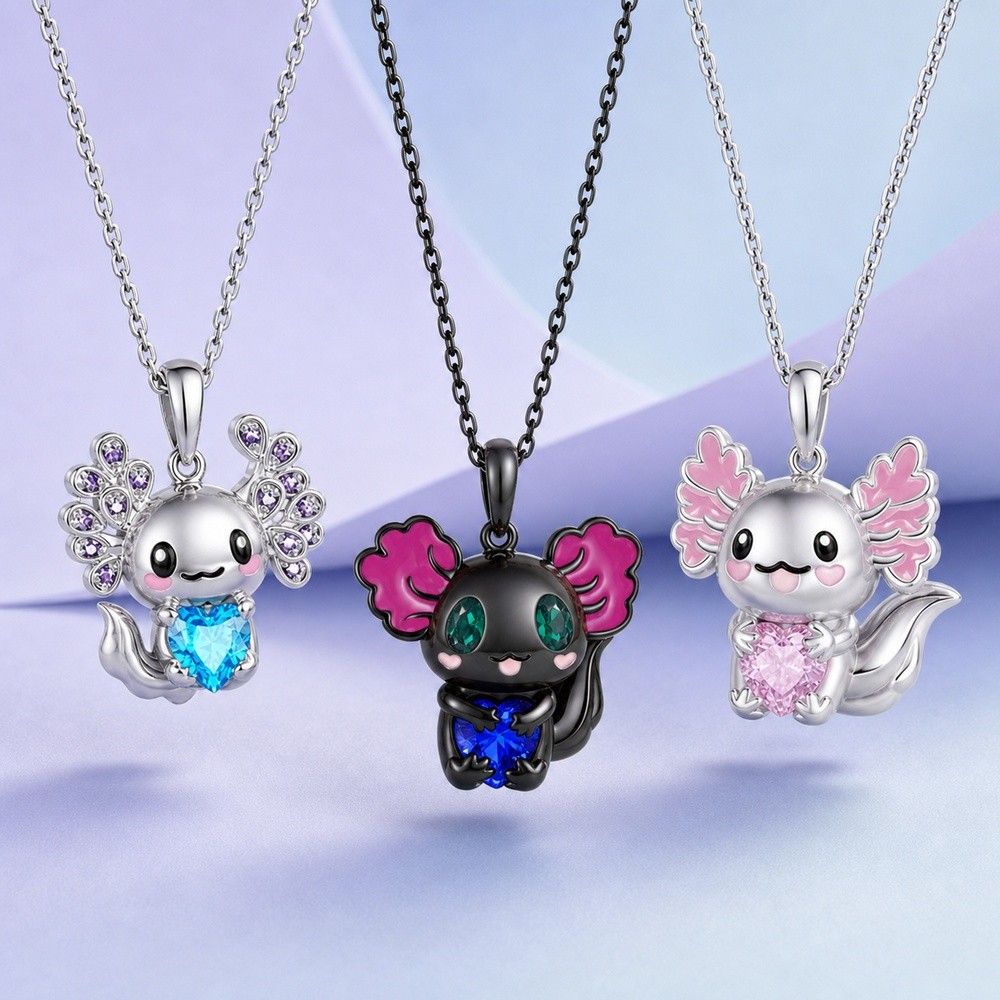 Pendant Necklace Rhinestone Axolotl Enamel Aquamarine Deep Pink Capri Blue N103