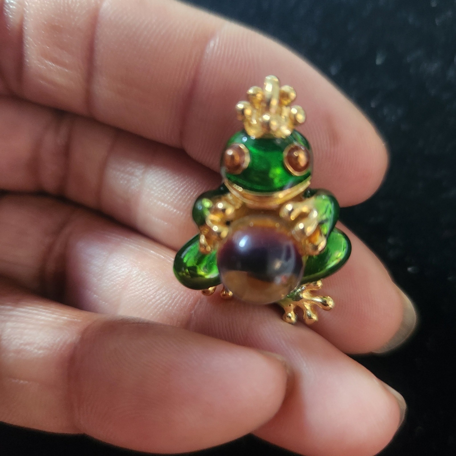 Green Enamel Frog Prince Pendant Gold Tone Iridescent Orb Charm Fairytale