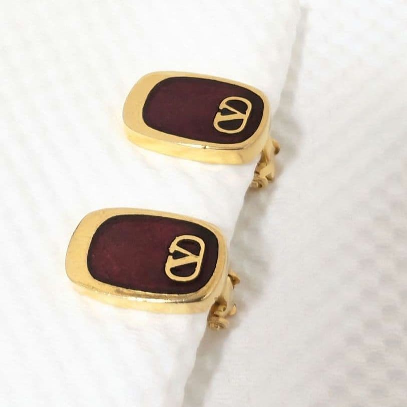 VALENTINO Earrings Clip V-Logo Red Gold Vintage