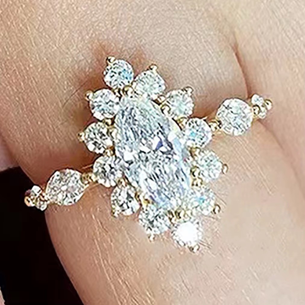 Sunburst Marquise Cut Crystal Cluster Ring 14K Gold Plated Cocktail Size 6