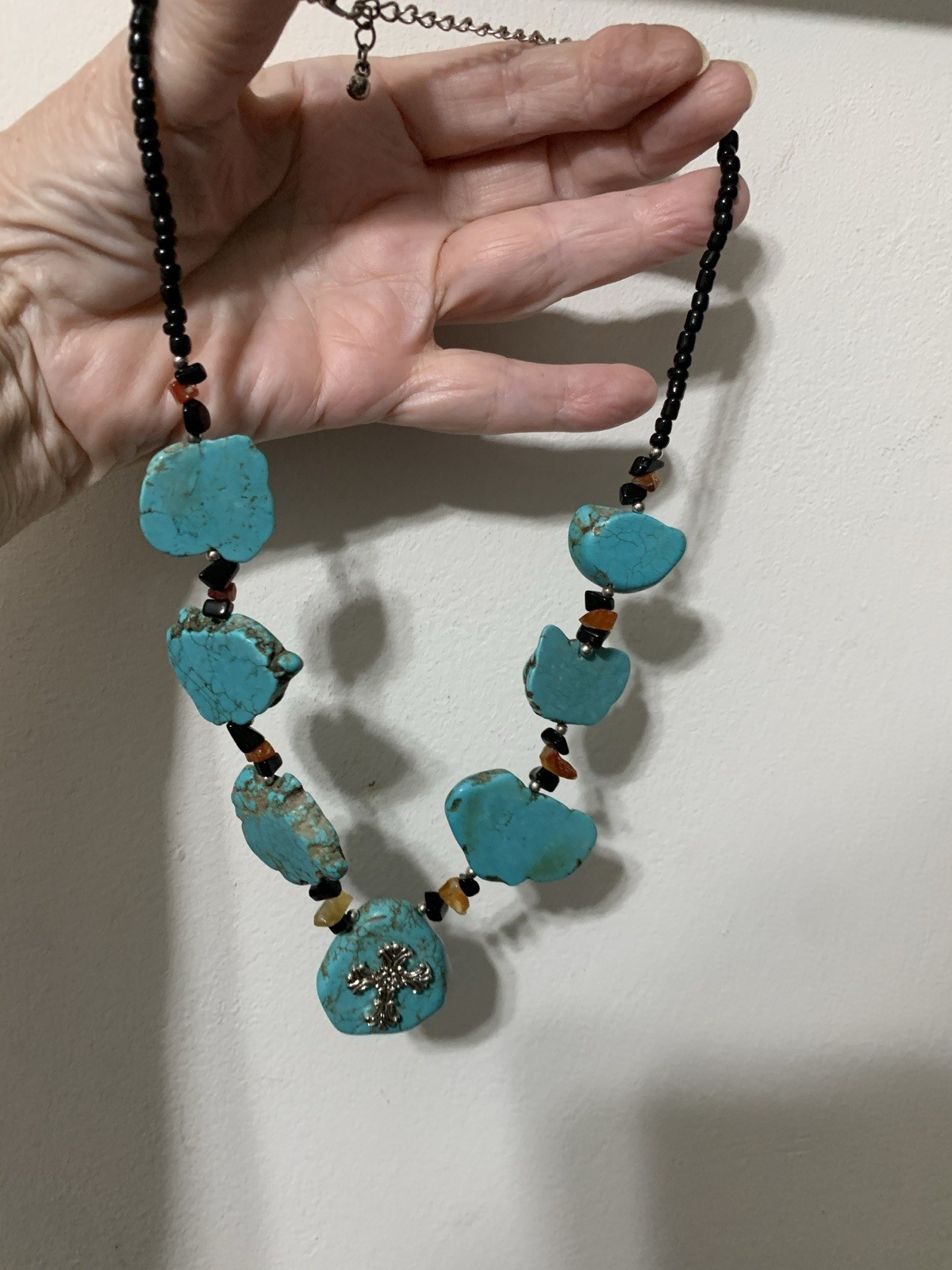 Southwestern Silver tone Chunky Turquoise Slabs, With Orange & Black Beads, 22”
