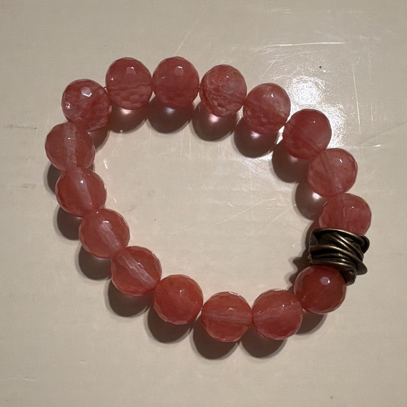 Pink Stone Beaded Stretch Adjustable Bracelet Round Beads Metal Spacer Charm