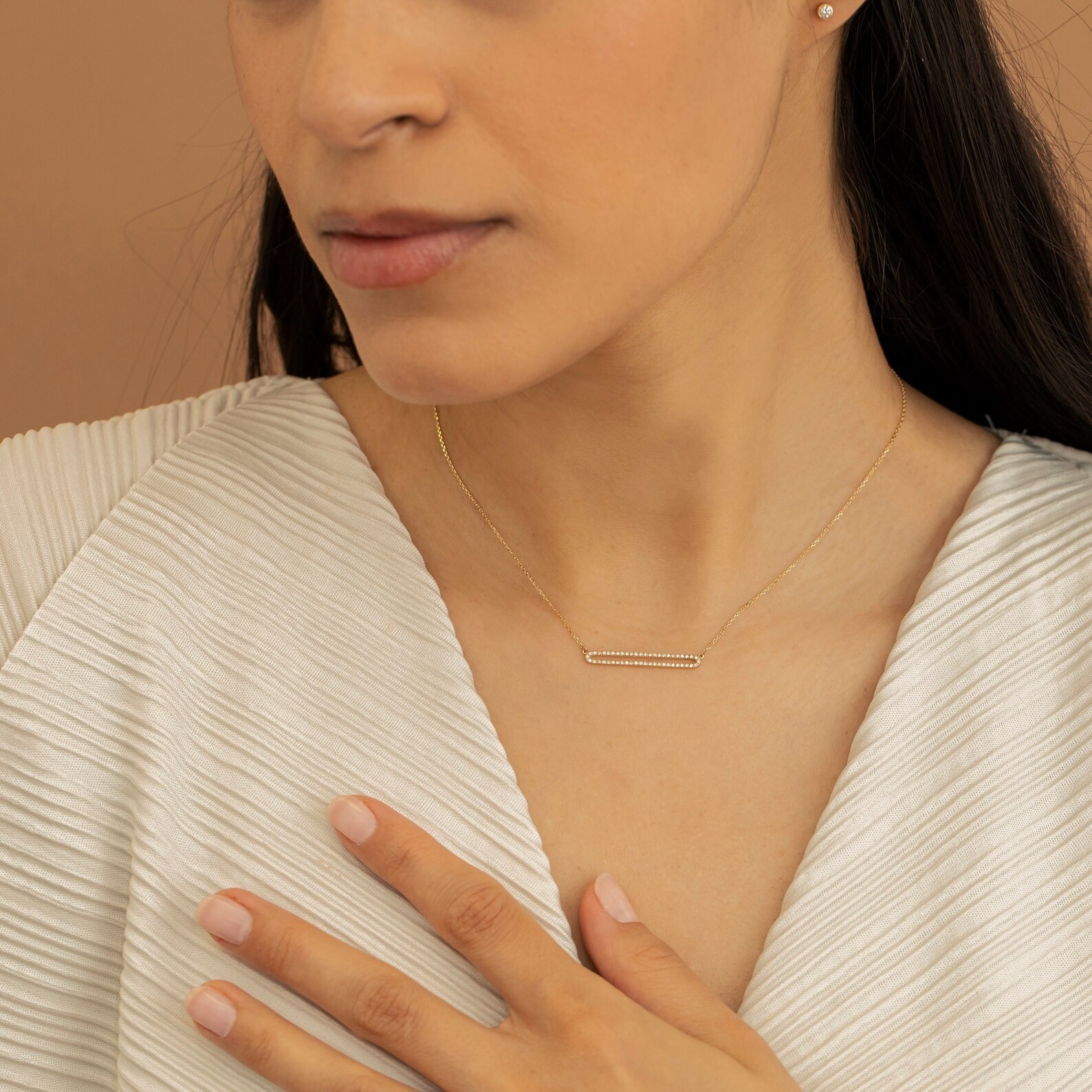 Lab Grown 1.00 Ct Round EF VS Diamond Eternity Bar Necklace in 14K Solid Gold