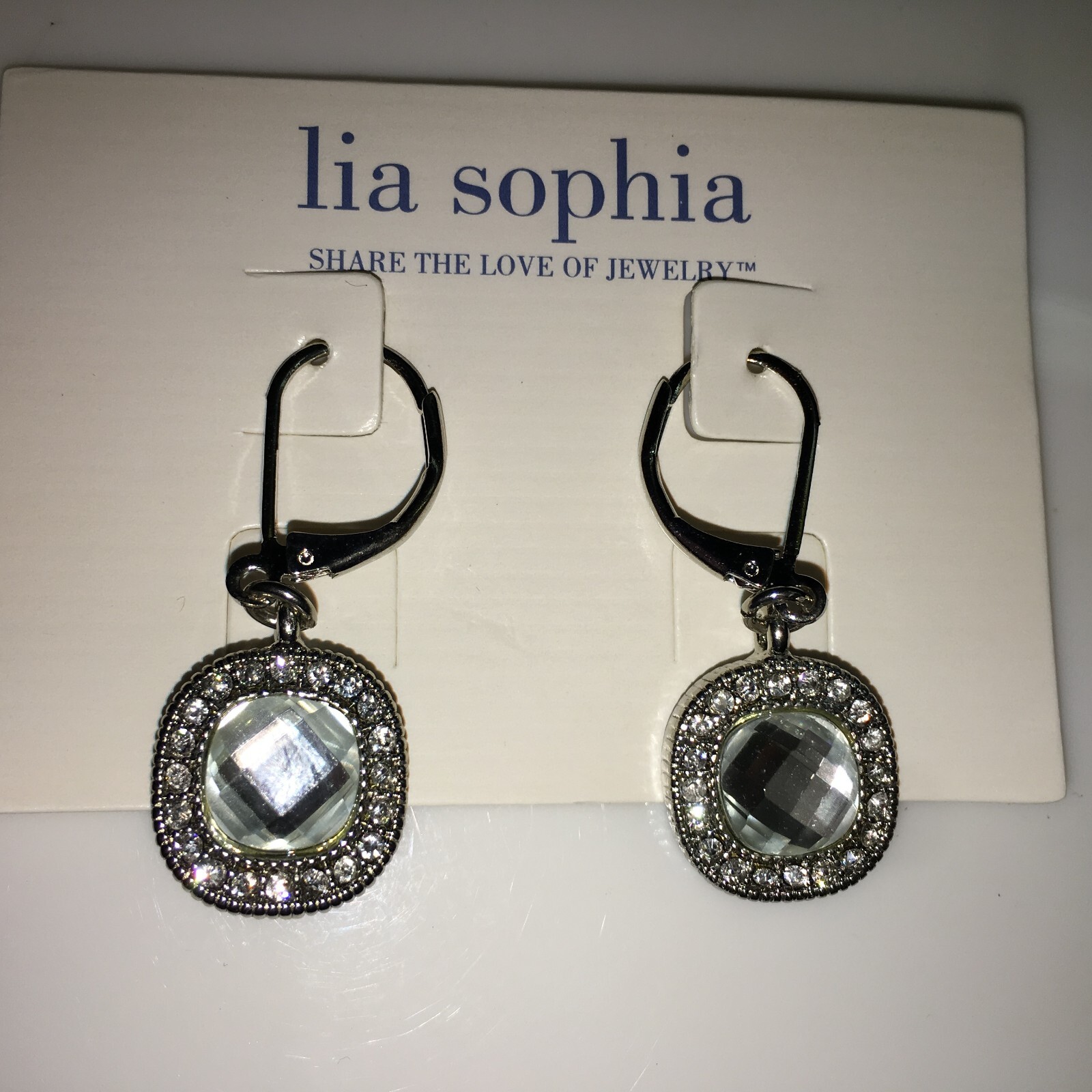 Lia Sophia Bella Donna Square Clear Crystal Center Stone Silver Drop Earrings