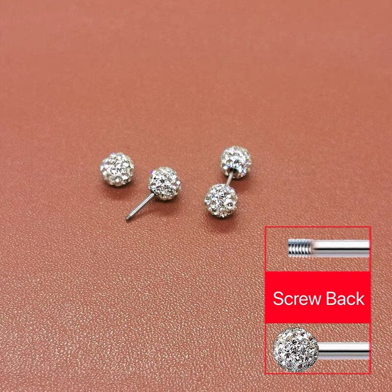 316L Surgical Steel Silver Round Ball CZ Crystal Screw Back Stud Earrings 3-6mm