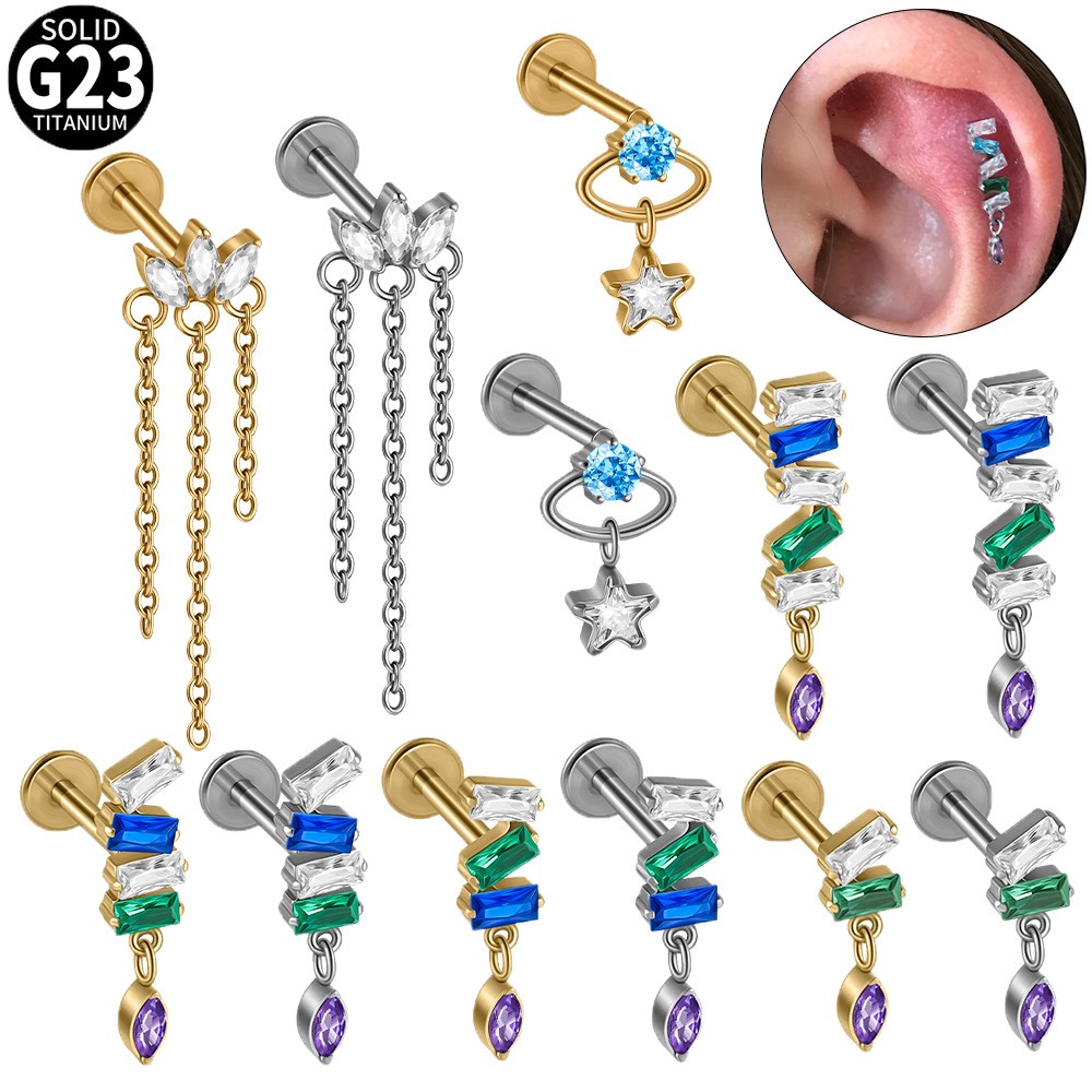 G23 Titanium Cartilage Stud Earring 16G Star/Chain Drop Labret Stud Ear Piercing
