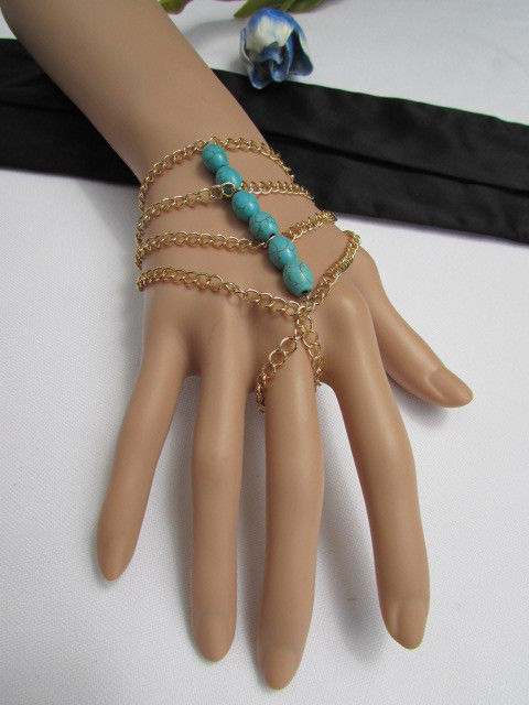 WOMEN GOLD FASHION JEWELRY HAND CHAINS TURQUOISE BLUE BEADS BRACELET SLAVE RING
