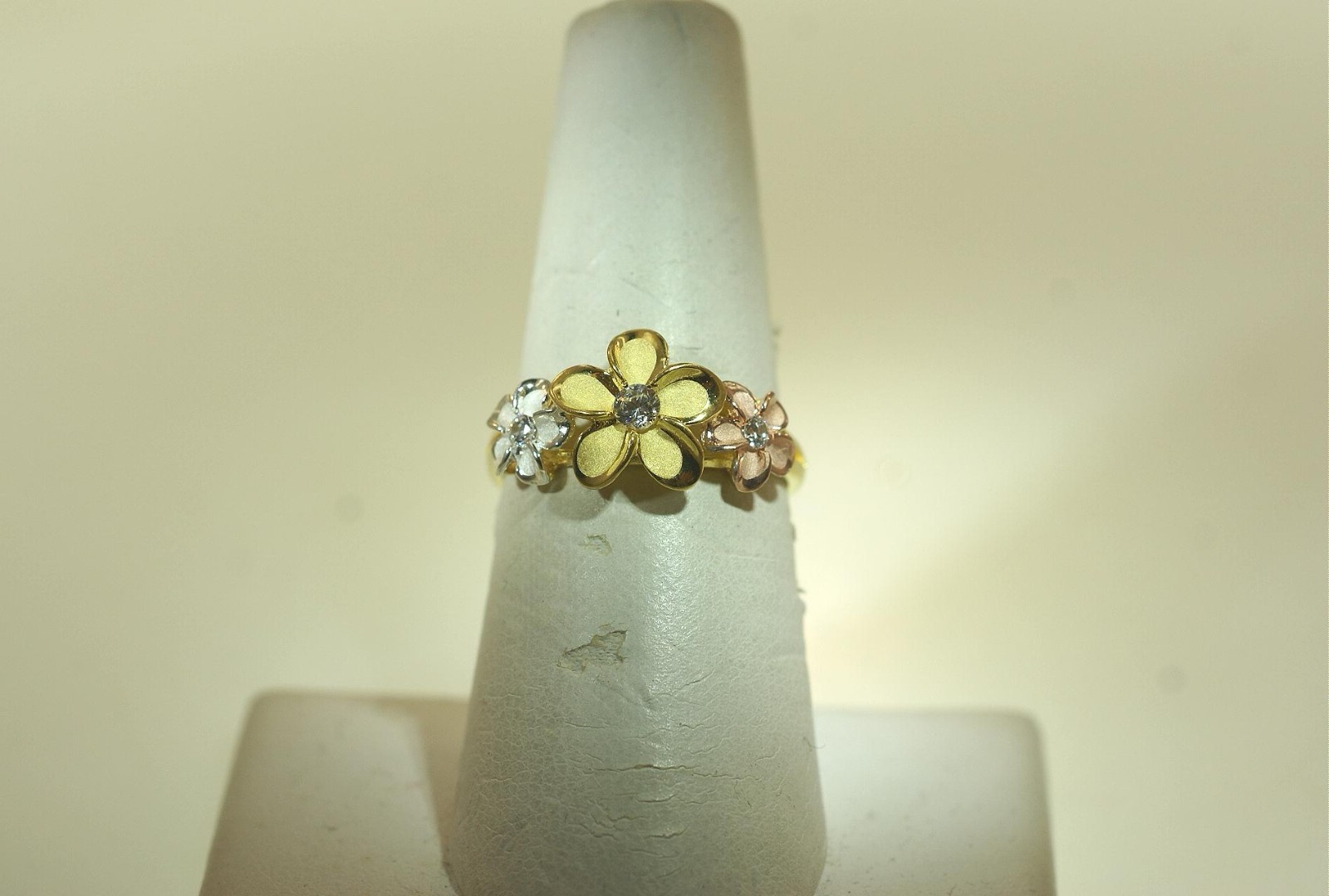 10.5MM/6.5MM TRI-COLOR GOLD PLATED 925 SILVER HAWAIIAN FANCY PLUMERIA CZ RING