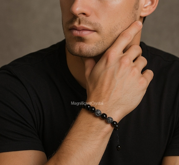 Natural Black Tourmaline Men Bracelet Energy Crystal Stone Healing Reiki Gift