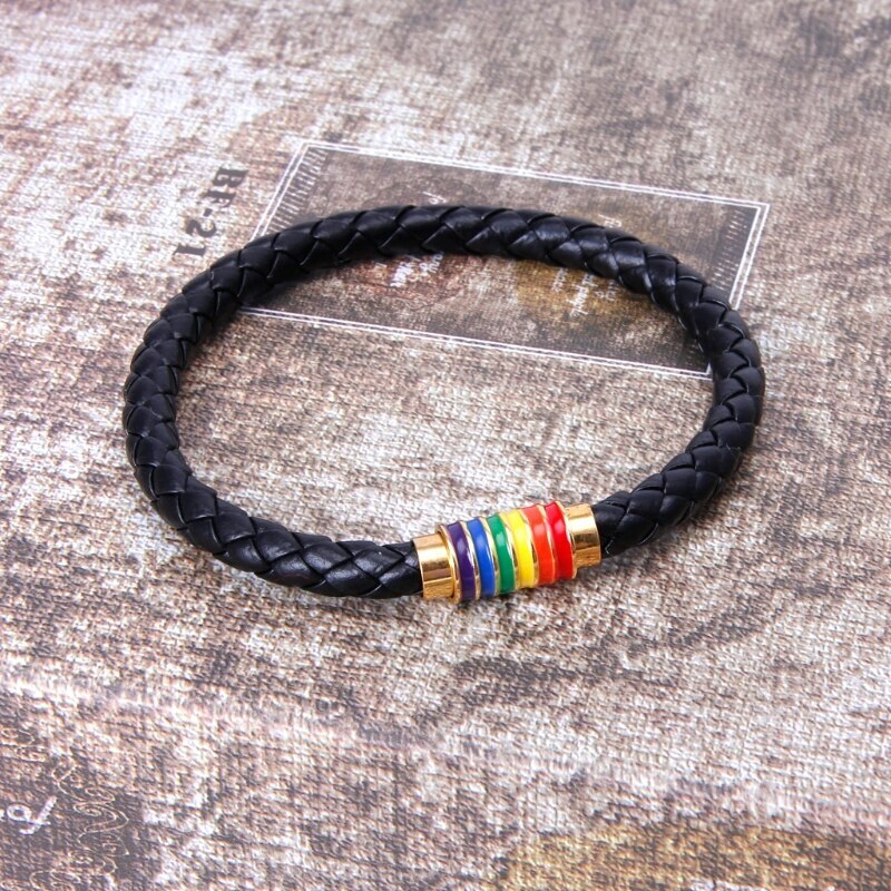 2 Pcs Couple Bracelet Love Leather Braided Magnetic Rainbow Gay LGBT Lover Gift