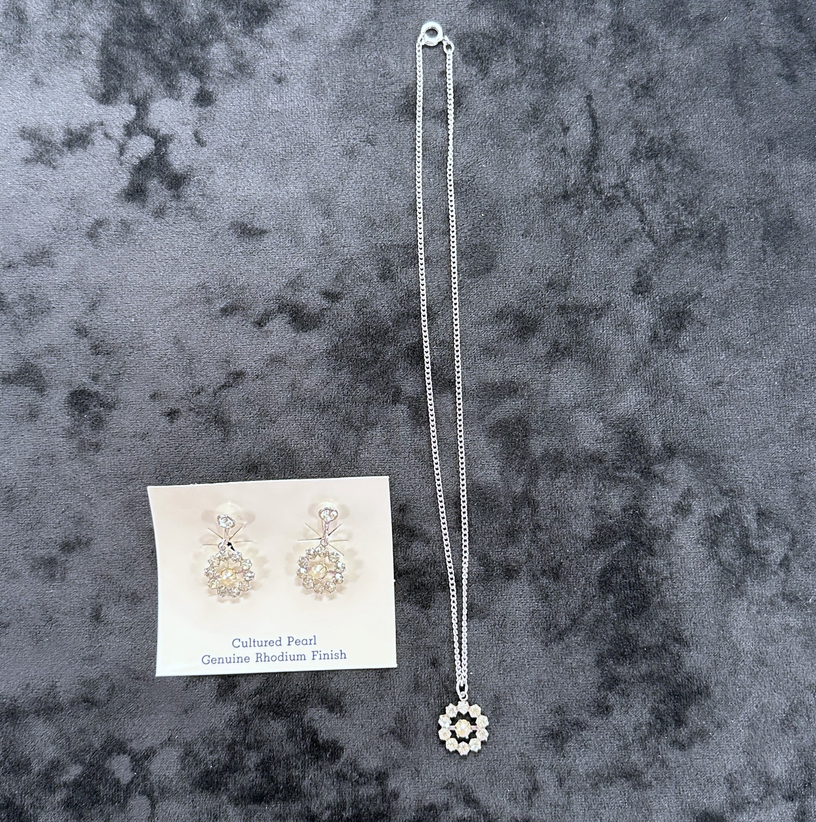 Cultured Pearl Rhodium Finish Necklace & Dangle Earring Set Clear Stones