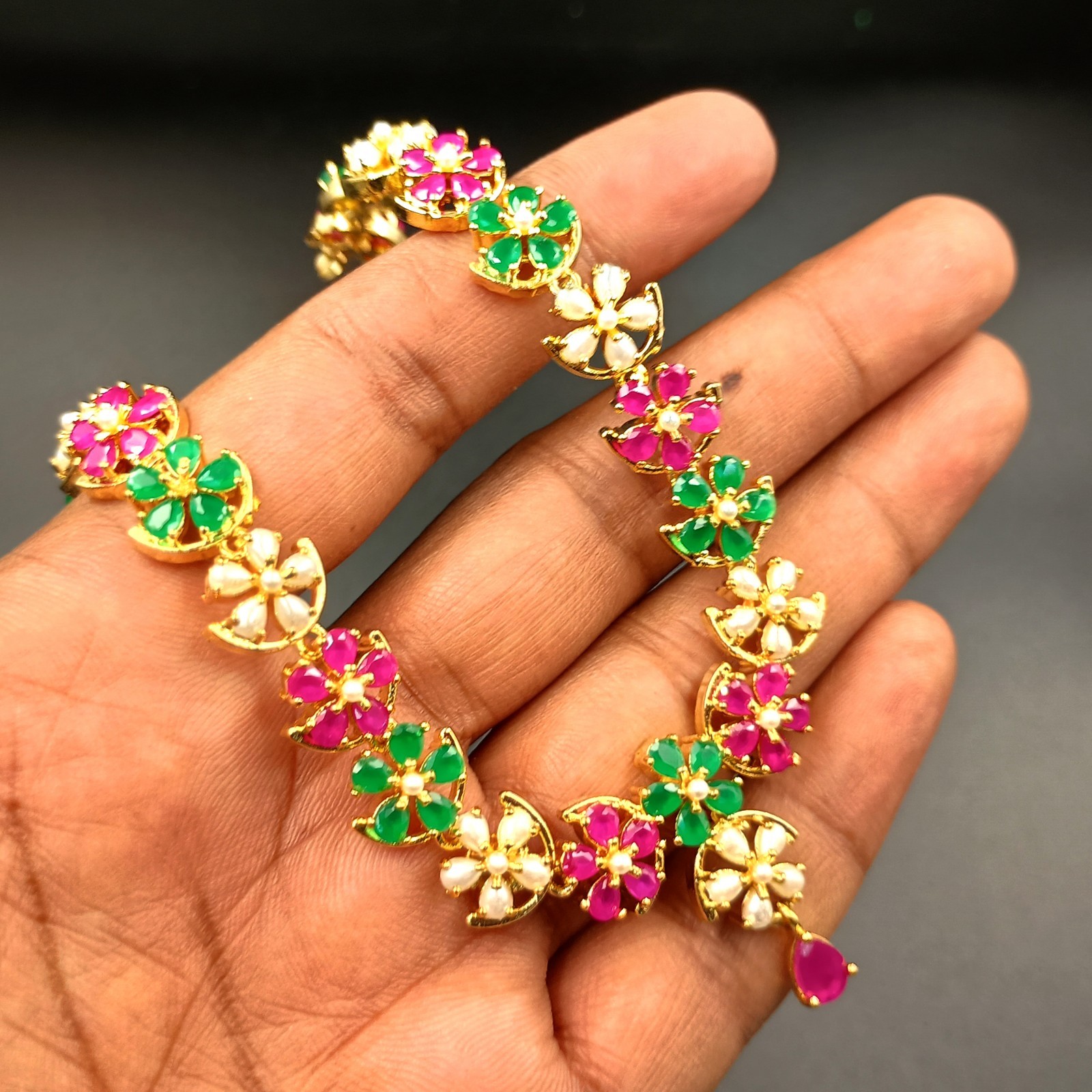 Vintage Flower Ruby Emerald Pearl Jewelry Set 22K Gold Plated Necklace Wedding G